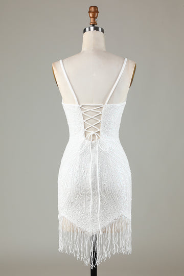 Sparkly Bodycon Spaghetti Straps White Lace-Up Back Short Homecoming Dress with Beading